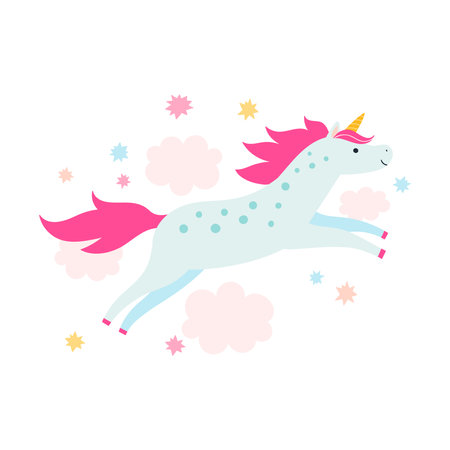 Vector color illustration of unicorn running in clouds in flat style. Cute fairy tale cartoon character.のイラスト素材