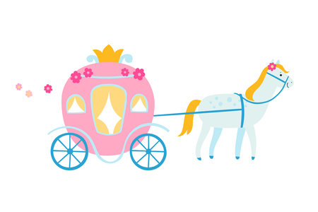 Vector illustration of fairytale carriage with horse. Chariot of princess in flat style.のイラスト素材