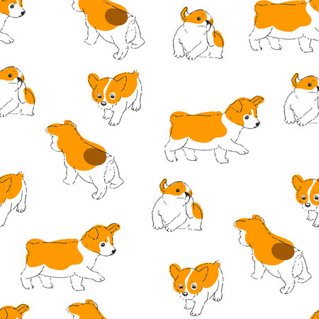 Vector hand-drawn seamless pattern with cute puppies isolated on a white background. Endless texture with small spotted dogs.のイラスト素材