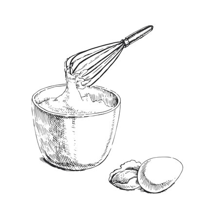 Vector hand-drawn illustration of beaten eggs in a bowl. The process of cooking in the style of a sketch.のイラスト素材
