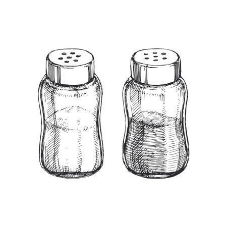 Vector hand-drawn illustration of salt and pepper shakers. Sketch of glass jars with spices in engraving style.のイラスト素材