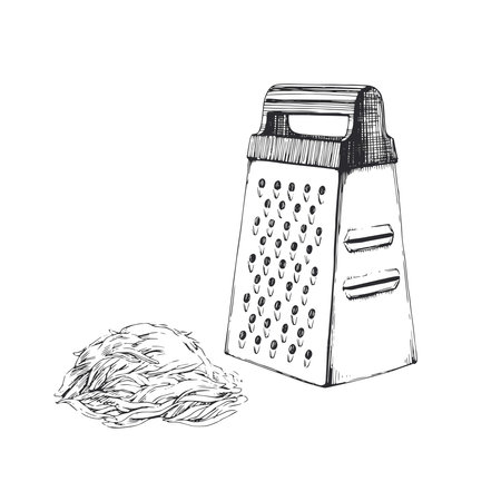 Vector hand-drawn illustration of grater with grated cheese, vegetable or other product. Sketch of cooking in engraving style.のイラスト素材