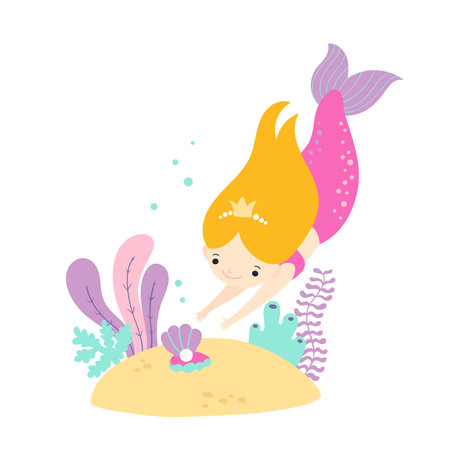 Vector children's illustration of a beautiful mermaid swimming to a shell with pearls. Cute sea princess with a seashell on a background of seaweed.のイラスト素材