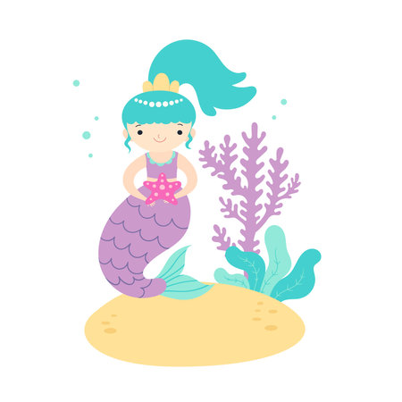 Vector children's illustration of a beautiful mermaid on the ocean floor. Cute sea princess on a background of seaweed.のイラスト素材