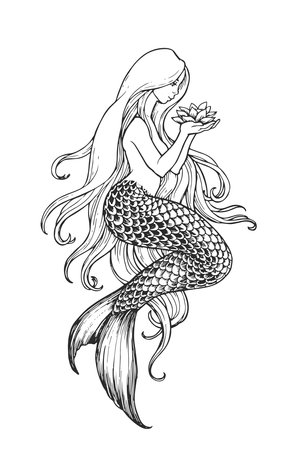 Vector hand-drawn illustration of a fantastic character in the style of engraving. A mermaid holds a lotus in her hands.のイラスト素材