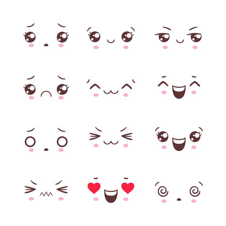 Vector set of cute doodle emoticons with facial expressions. Faces with emotions in anime style. Kawaii emoji.のイラスト素材