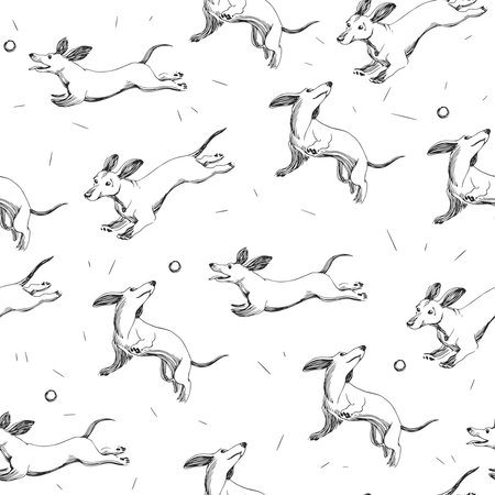 Vector hand-drawn seamless pattern with dachshund isolated on white. Endless texture with dogs.のイラスト素材