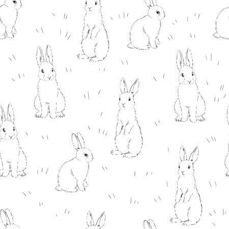 Vector hand-drawn seamless pattern with rabbits isolated on white. Endless black and white texture with bunnies.のイラスト素材