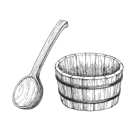 Vector hand-drawn illustration of accessories for russian bathhouse. Sketch of bucket and ladle for finnish sauna.のイラスト素材