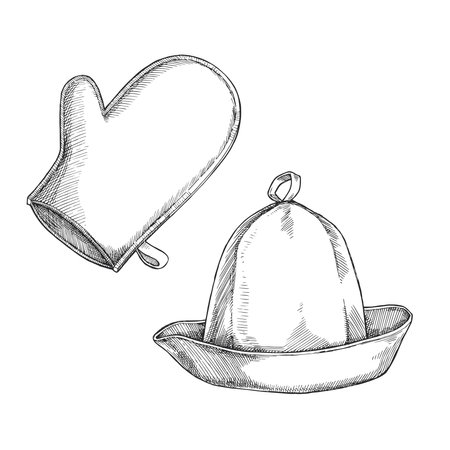 Vector hand-drawn illustration of accessories for Russian bathhouse. Sketch of a felt hat and mitten for Finnish sauna.のイラスト素材