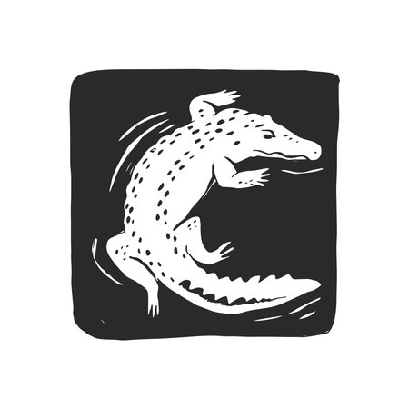 Vector hand-drawn illustration of crocodile on water. Sketch in frame with reptile. Australian animal.のイラスト素材