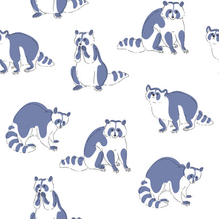 Vector seamless pattern with cute raccoons isolated on white. Hand drawn texture with cartoon animal characters.のイラスト素材
