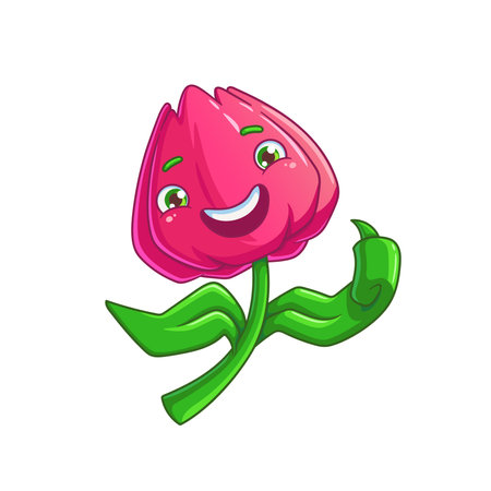 Vector illustration of a tulip with a gesture of approval. A cartoon character with a raised finger up. Tulip sticker for social networksのイラスト素材