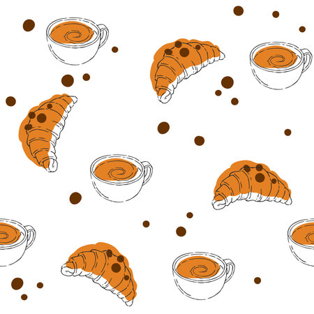 Vector seamless pattern with hand drawn croissant and coffee isolated on white. Endless texture with breakfast.のイラスト素材