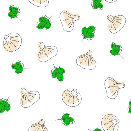 Vector seamless pattern with hand drawn khinkali and parsley leaves isolated on white. Endless texture with Georgian cuisine dish.のイラスト素材