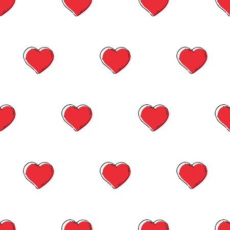 Vector seamless pattern with cute little red hearts. Endless hand-drawn texture with symbol of love.