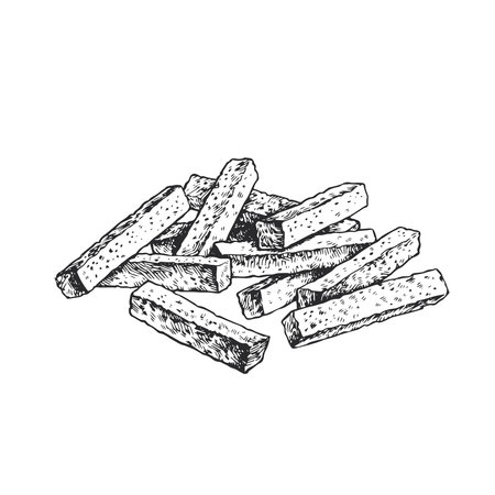 Vector hand-drawn illustration of a handful of breadcrumbs isolated on white. A sketch of a fresh bakery product.のイラスト素材