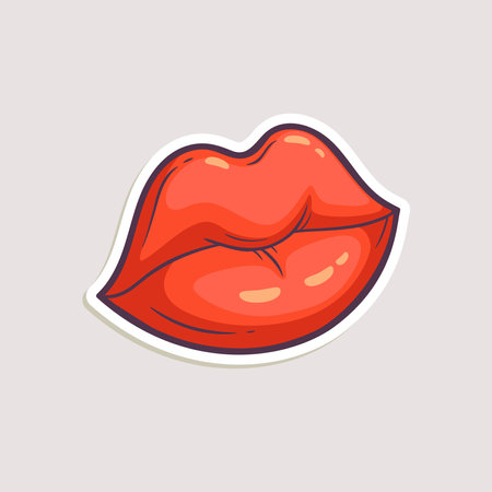Cartoon sticker with kiss. Vector hand-drawn illustration of red woman lips.のイラスト素材