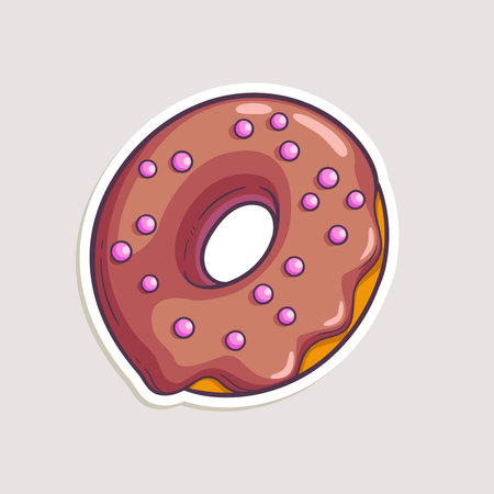 Cartoon sticker for cafe food design. Vector hand-drawn illustration of chocolate donut.のイラスト素材