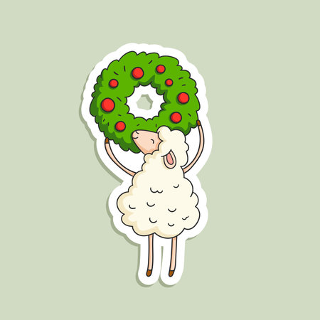 Vector hand-drawn illustration of a sheep hanging a Christmas wreath. A sticker with a cute cartoon-style New Year's animal.のイラスト素材