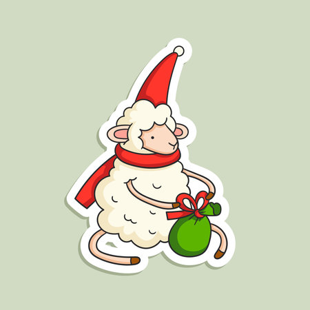 Vector hand-drawn illustration of a sheep packing a Christmas gift. A sticker with a cute cartoon-style New Year's animal.のイラスト素材