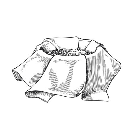 Vector hand-drawn illustration of dried herbs on a fabric for making a herbal pouch for hot Thai compress in the style of an engraving.のイラスト素材