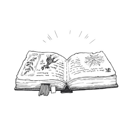 Vector vintage hand-drawn illustration of spell book in engraving style. Black and white sketch of magic props.のイラスト素材