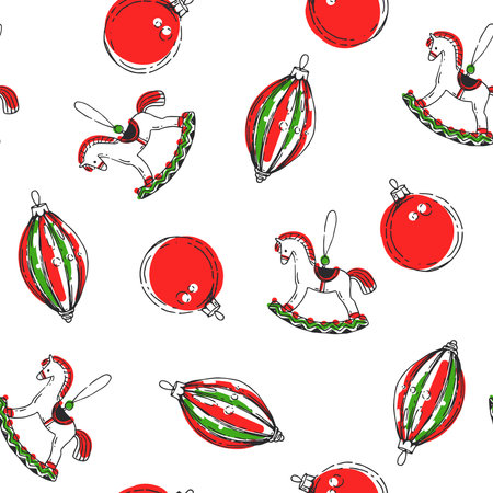 Vector seamless pattern with Christmas tree toys. Endless texture. New Year symbols. Balls and horse.のイラスト素材