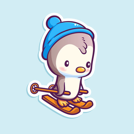 Vector illustration of cute penguin on skis isolated on white. Cute cartoon animal. Winter sport sticker design.のイラスト素材