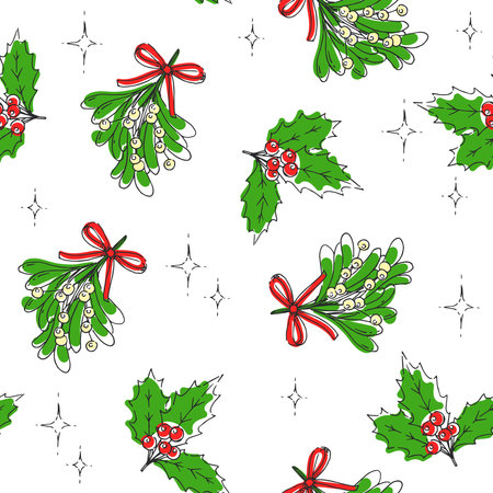 Vector seamless pattern with traditional Christmas plants. Mistletoe and holly. Endless texture with New Year symbols.のイラスト素材