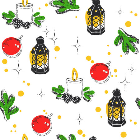 Vector hand-drawn seamless pattern with Christmas decorations. Endless texture. Lantern and candle sketch.のイラスト素材