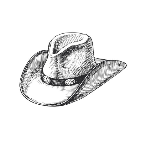 Vector hand-drawn illustration of hat. Cowboy accessory. Black and white sketch of Wild West symbol.のイラスト素材