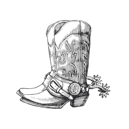 Vector hand-drawn illustration of cowboy boots. American pioneer shoes. Black and white sketch of Wild West symbol. Engraving style.のイラスト素材