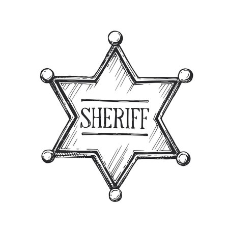 Vector hand-drawn illustration of sheriff's badge. Black and white sketch of western symbol.のイラスト素材