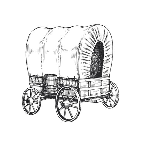 Vector illustration of vintage covered wagon. Pioneer vehicle from the Wild West. Symbol of historical America.のイラスト素材