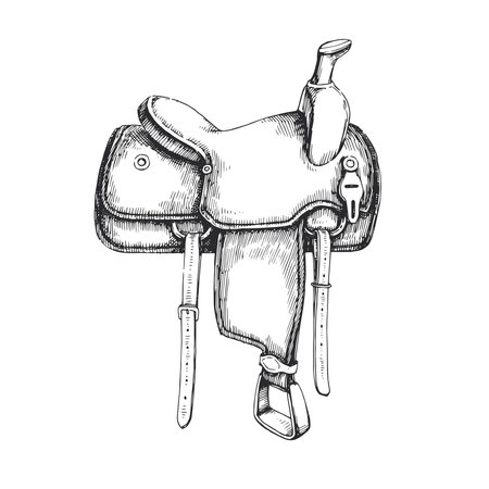Vector hand-drawn illustration of saddle. Black and white sketch of horse equipment. Western symbol.のイラスト素材