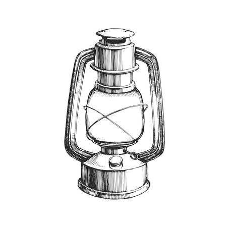 Vector hand-drawn illustration of kerosene lamp. Black and white sketch of vintage lantern. Camping illumination.のイラスト素材
