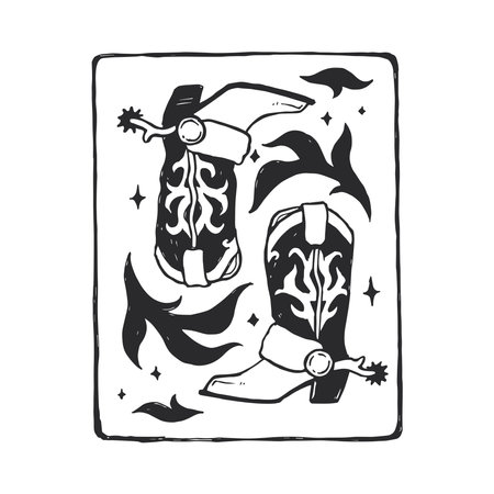 Vector hand-drawn illustration of cowboy shoes with ornamental elements. Black and white sketch of boots with spurs. Wild West symbol.のイラスト素材