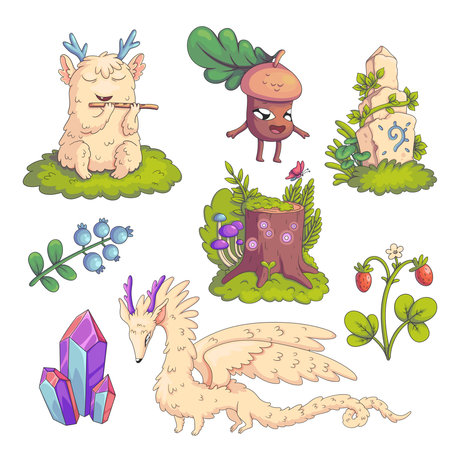 Vector set of stickers with forest elements, cute natural spirits, fantasy characters, and floral details.のイラスト素材