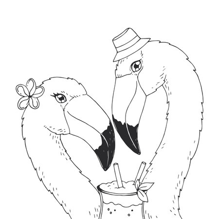Vector hand-drawn illustration of a couple of flamingos in love. Coloring page with exotic birds. Brazilian wild life.のイラスト素材