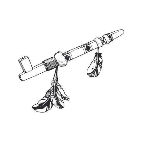 Vector hand-drawn illustration of a smoking pipe. Black and white sketch of a Native American accessory.のイラスト素材