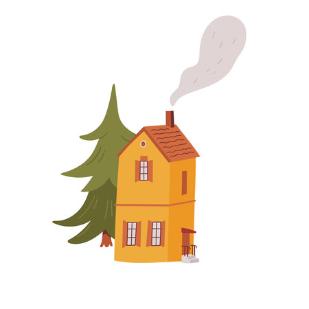 Vector hand-drawn illustration of a house with trees. Sketch of a cozy autumn landscape.のイラスト素材