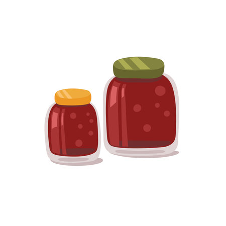 Vector hand-drawn illustration of jars with apple jam. Autumn preserving. A cozy atmosphere.のイラスト素材