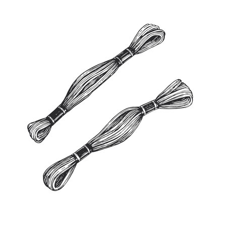 Embroidery floss skeins vector. Hand-drawn cotton thread hanks in vintage ink style. Artistic textile yarn sketch.のイラスト素材