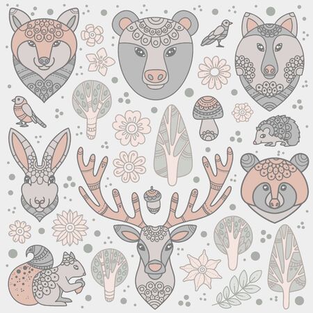 Forest animals collection with mandala element. Vector illustration.のイラスト素材