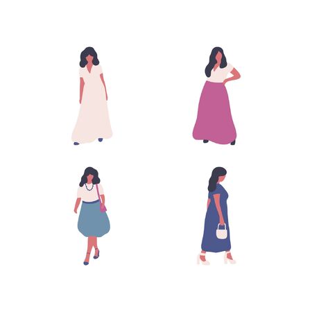 A collection of women in fashion dresses isolated on a light background. Colorful flat vector illustration.のイラスト素材