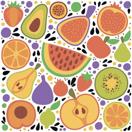 A collection of fruits and berries isolated on a background. Colorful flat vector illustration.のイラスト素材