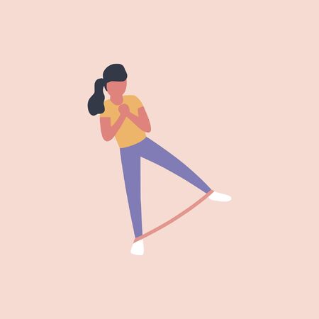 Illustration of young woman doing different exercises with resistance band isolated on a light background. Colorful flat vector illustration.のイラスト素材