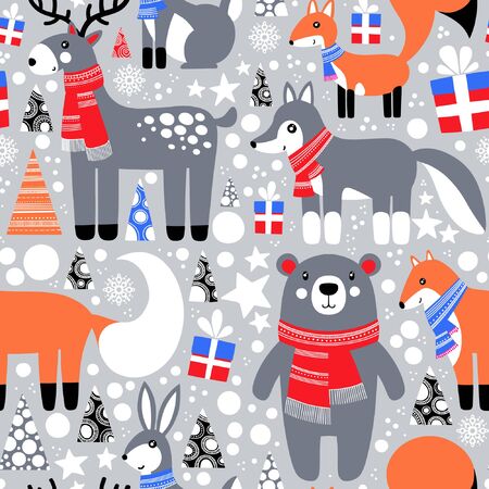 Pattern of forest animals (fox, bear, hare, deer, squirrel, wolf). Christmas design for card, banners, posters and other.のイラスト素材