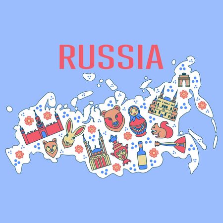 Russia cartoon travel vector map, russian symbols and other, decorative poster flat style for design tourismのイラスト素材